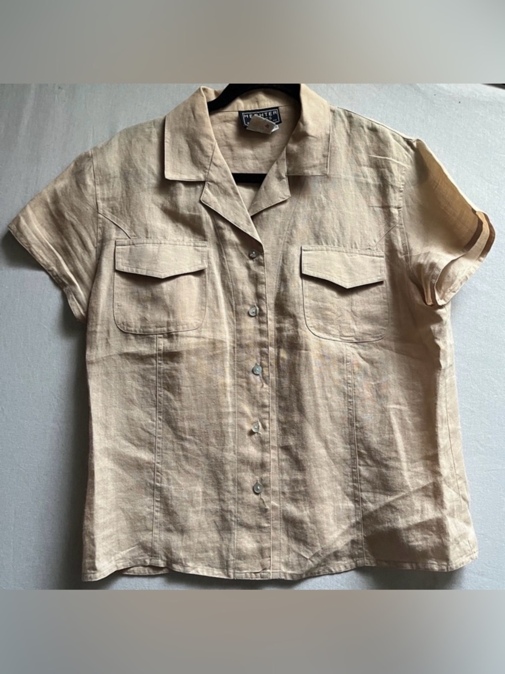 Hechter Basics 100% Linen Button Up Blouse L Beige Camp Shirt